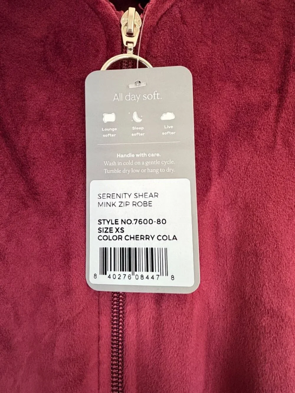 Softies Cherry Cola Serenity Shear Mink Zip Robe Size XS